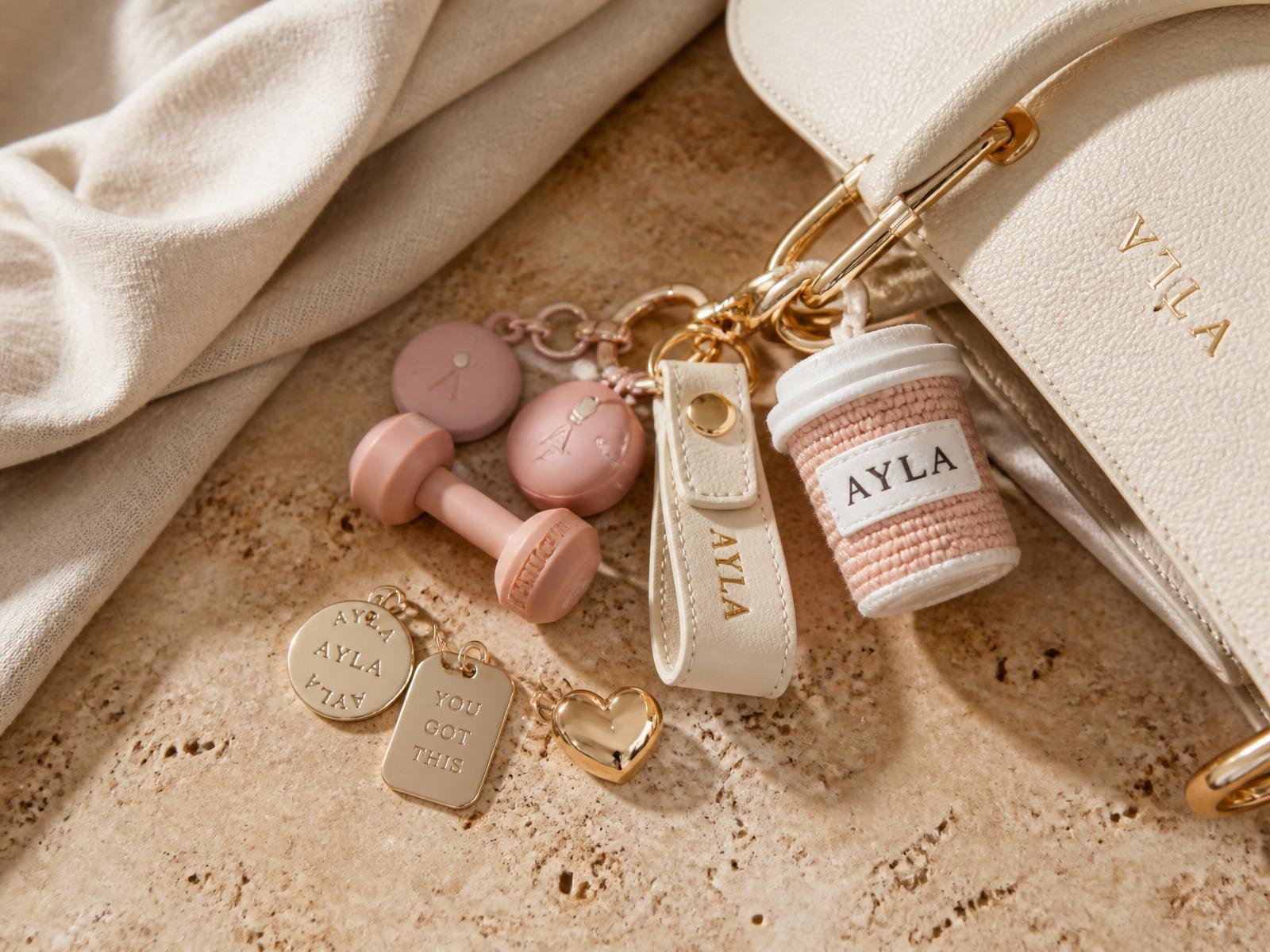 An editorial still life of AYLA charms on travertine