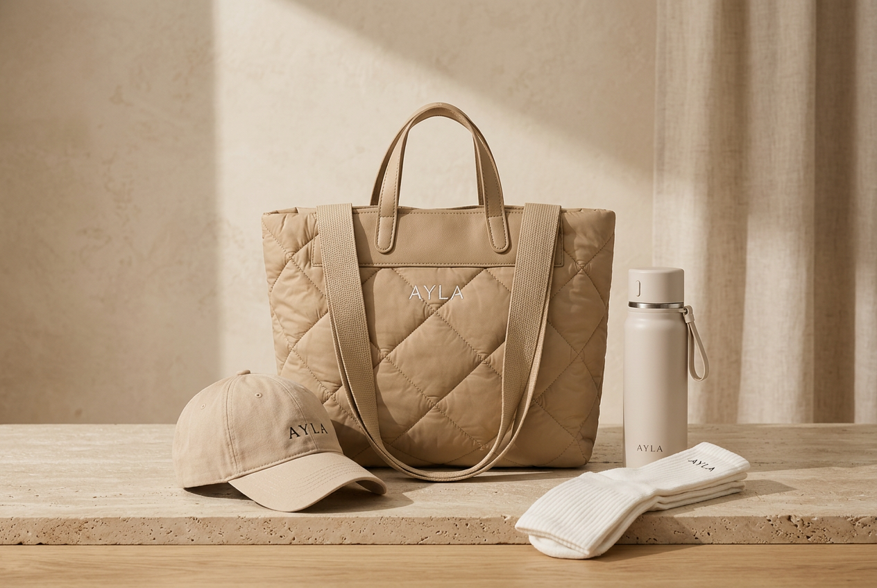 A still life of AYLA accessories on warm cream linen