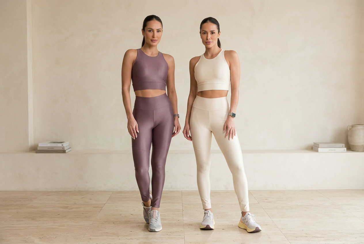 Two women in metallic gold AYLA sets in a Mediterranean courtyard