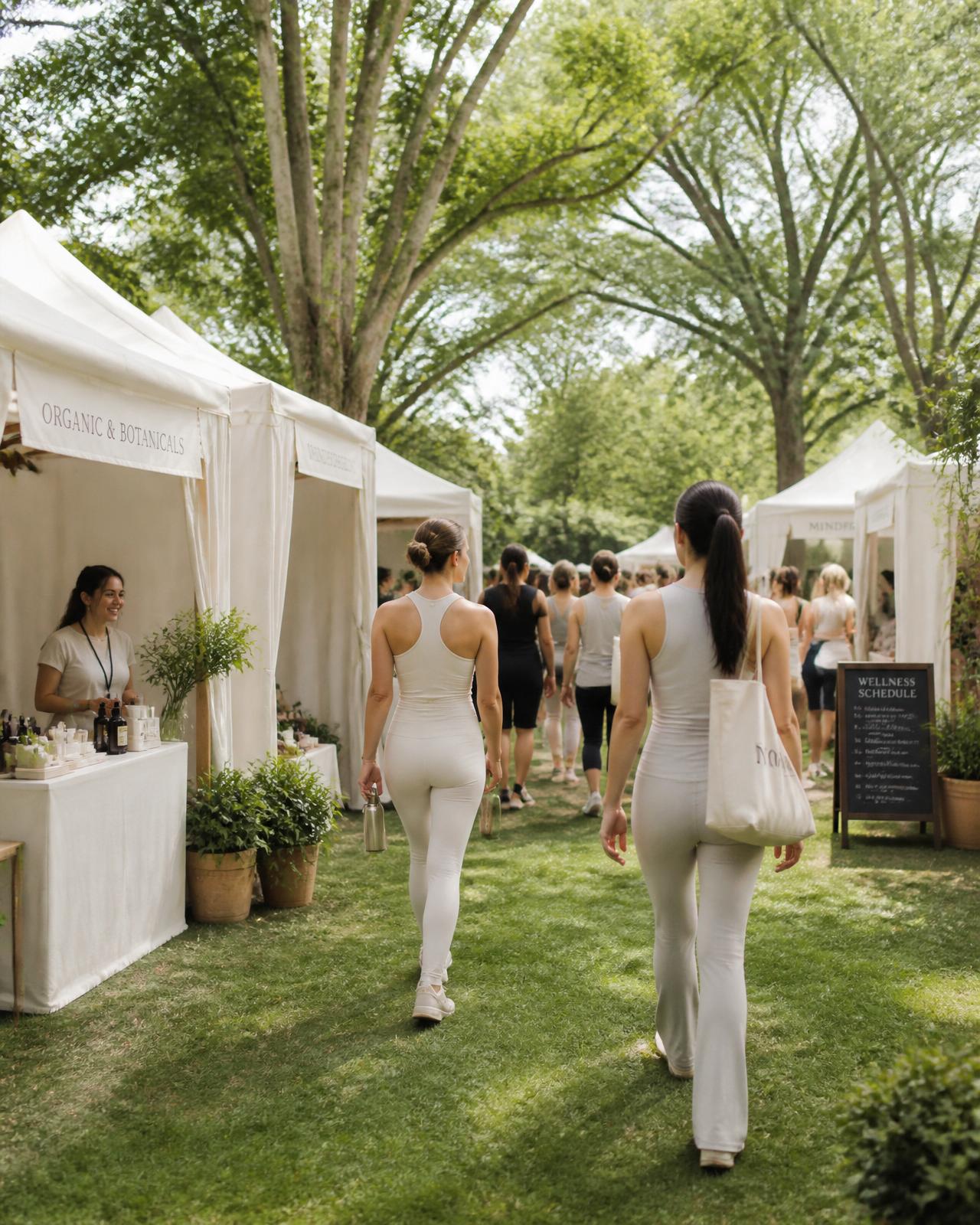 Open-air wellness festival in a sunlit park