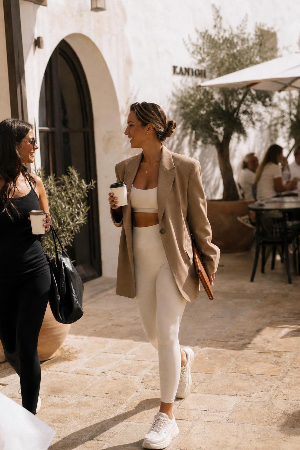 An elegant entrepreneur in a cream coat and AYLA activewear inside a sunlit Mediterranean boutique