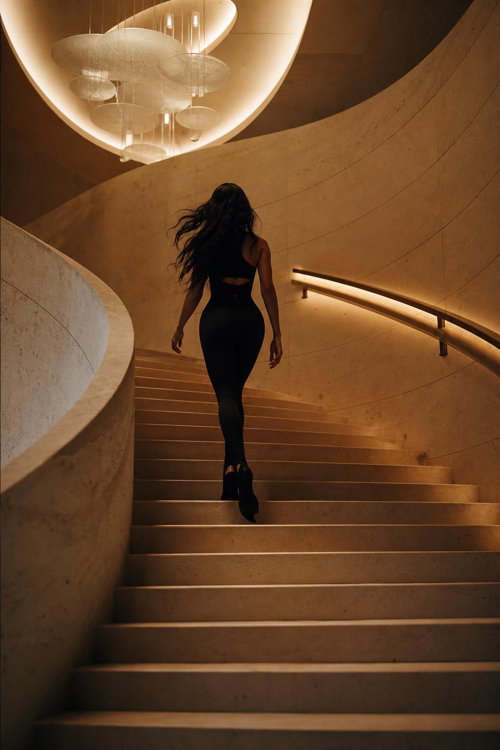 A poised woman in cream knit and tailored trousers framed by a warm plaster arch — AYLA brand campaign