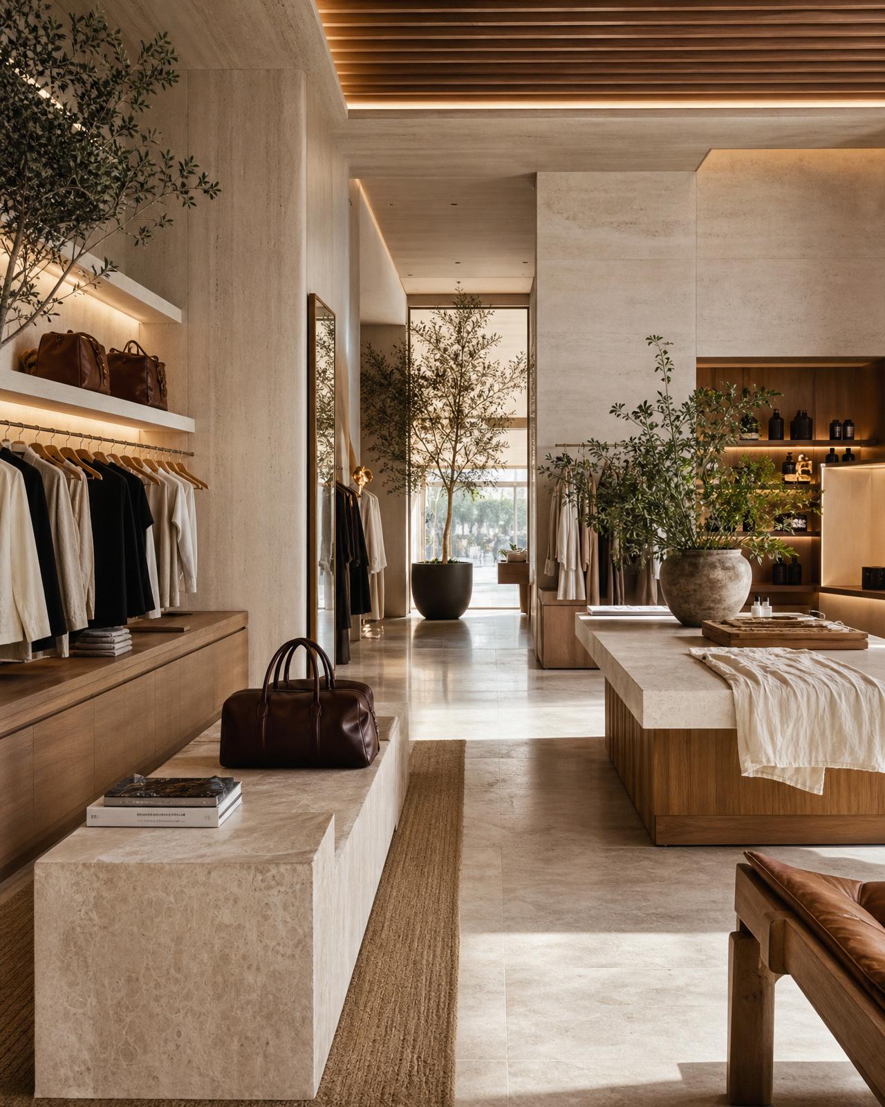 A sophisticated luxury boutique interior with warm travertine architecture, curated displays and elegant neutral styling