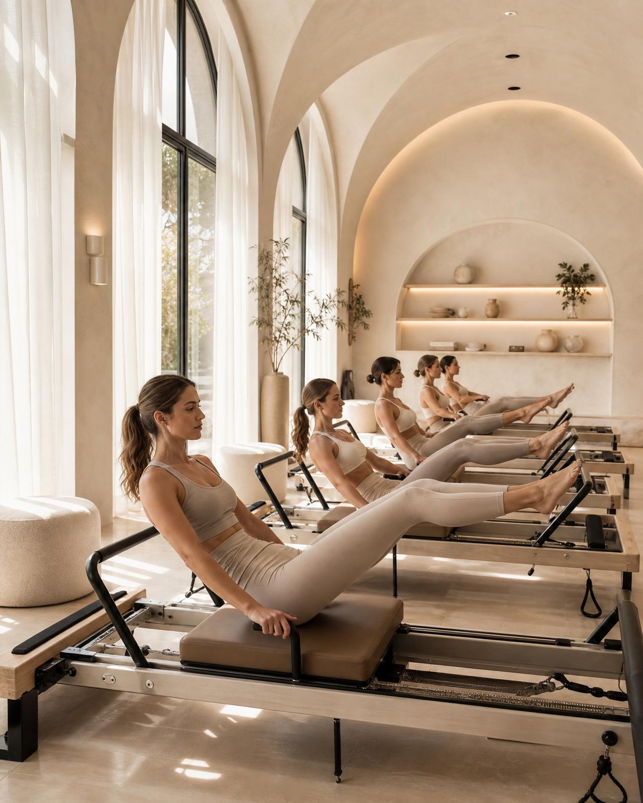 Women in premium neutral activewear practicing Pilates in a bright, elegant studio with arched windows and travertine architecture