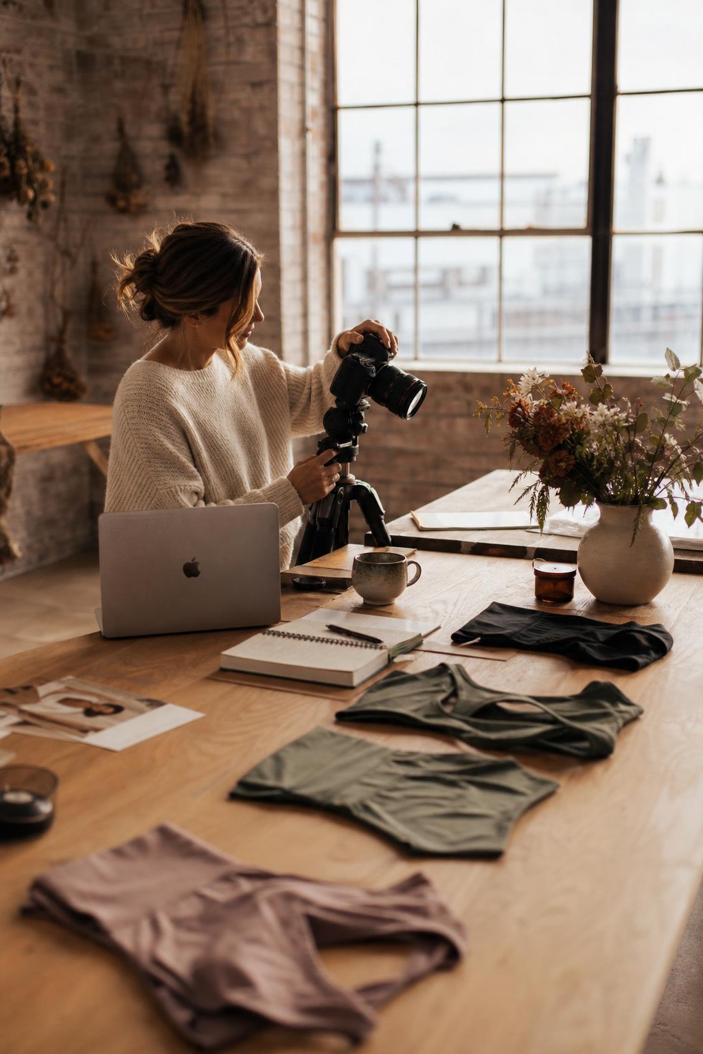 A young photographer holding a medium-format camera in a sunlit AYLA creative studio