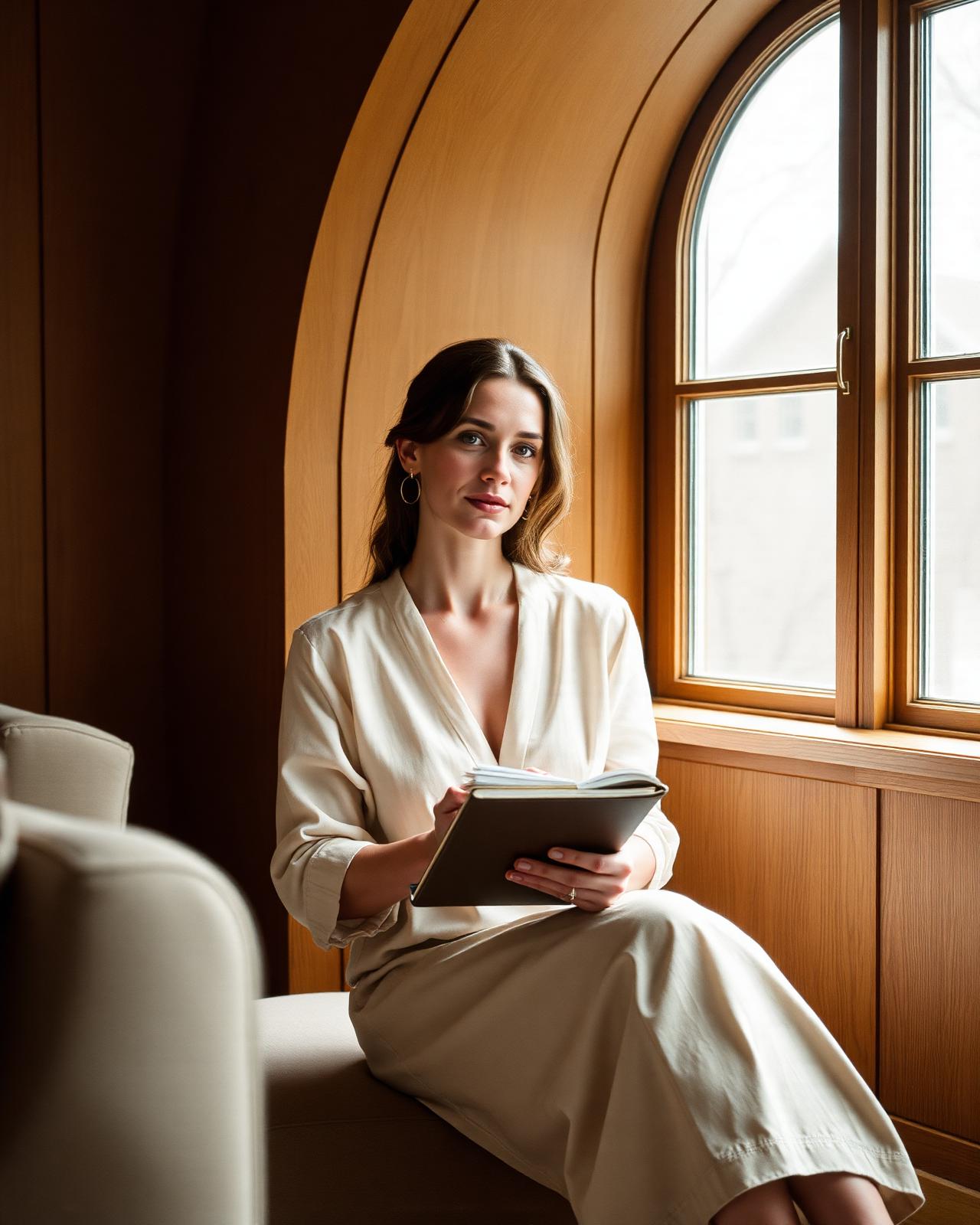 Founder seated by a warm oak arched window with a notebook