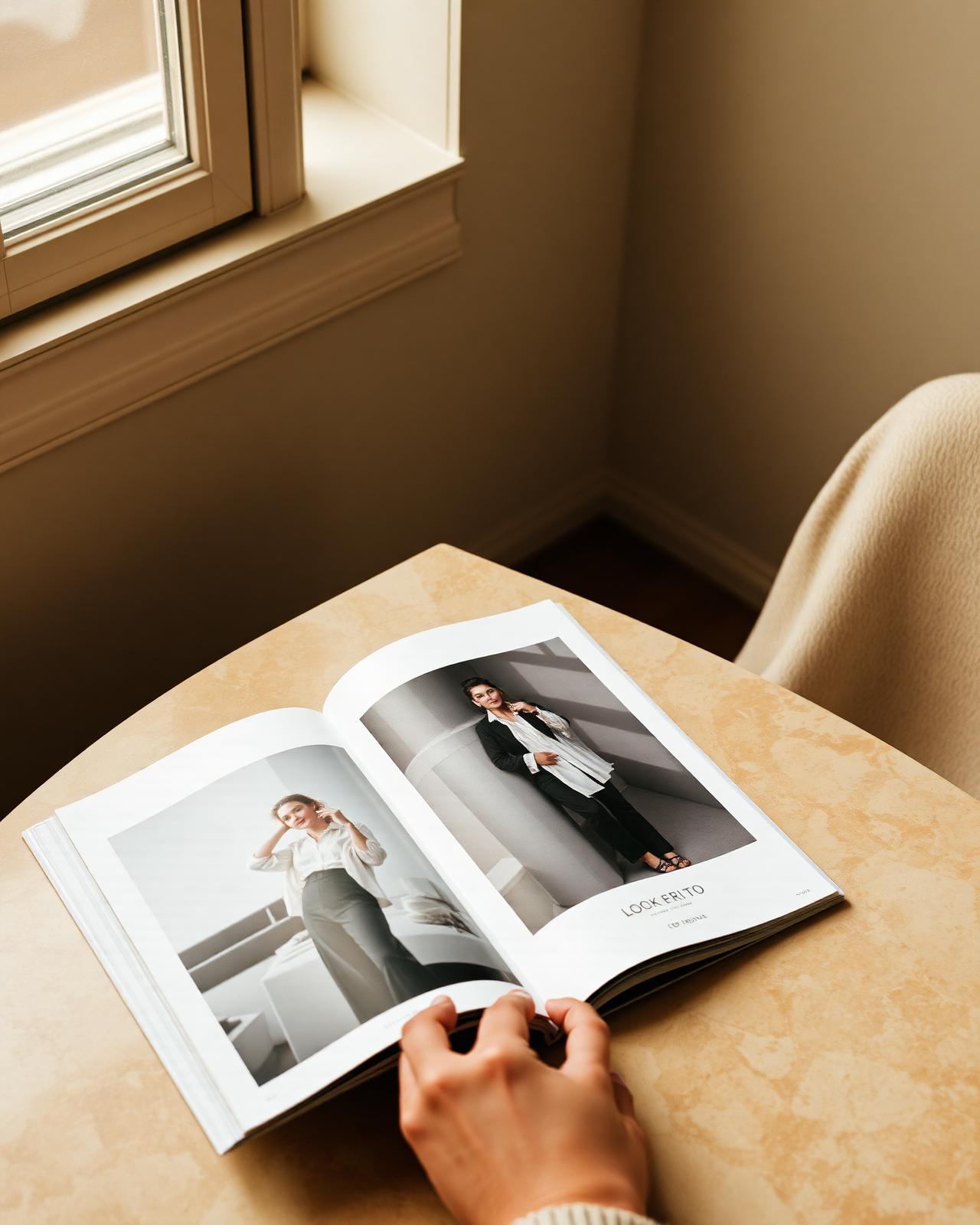 Open editorial magazine on a warm travertine table