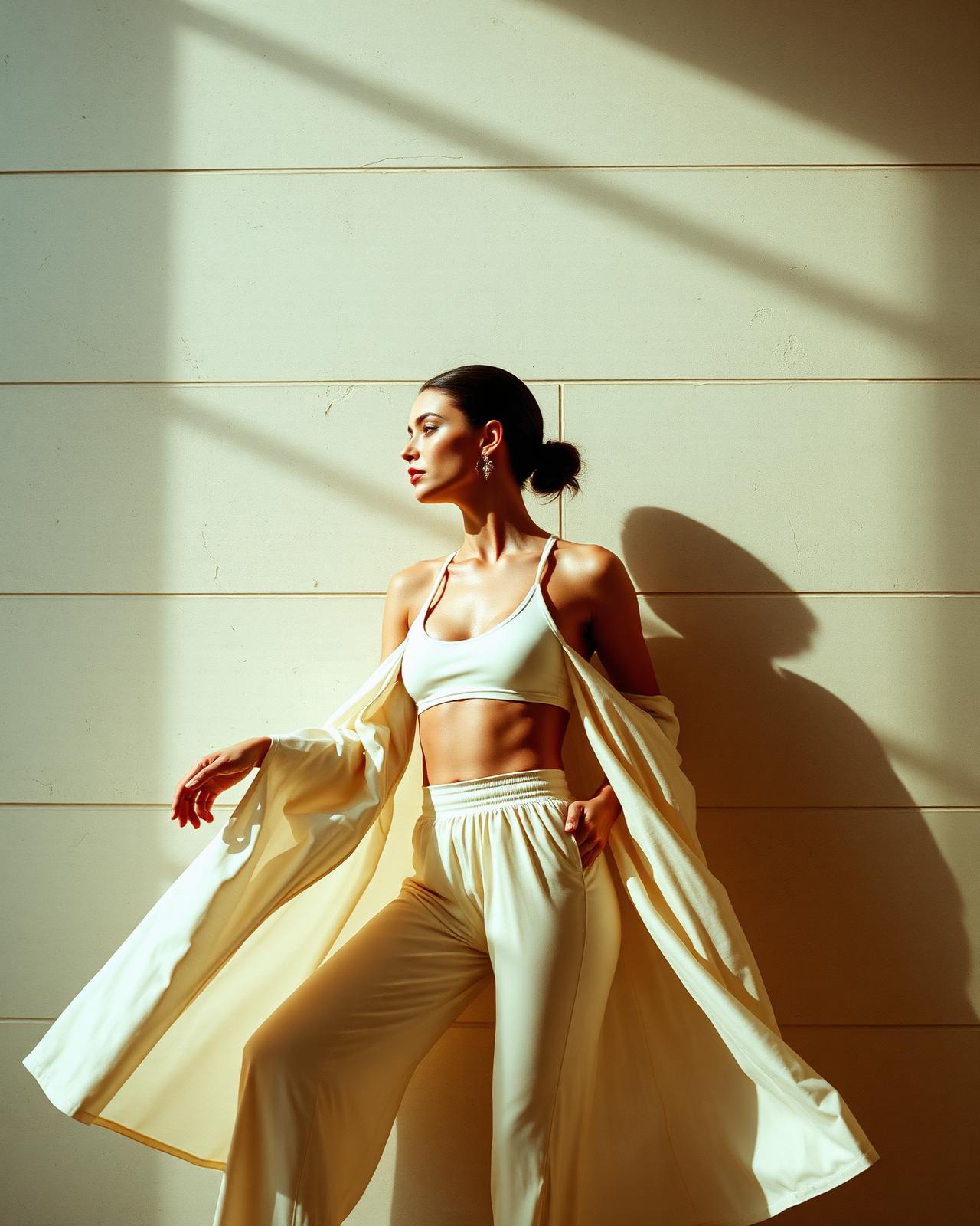 Editorial portrait of a woman in flowing ivory activewear