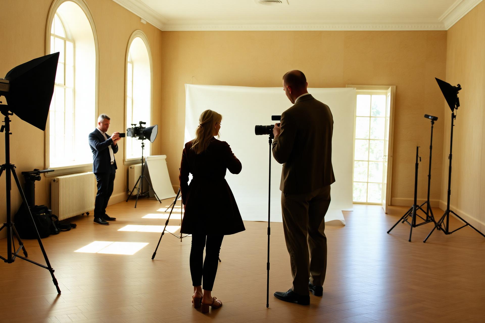 Behind the scenes of a luxury AYLA fashion photoshoot in a warm sunlit studio