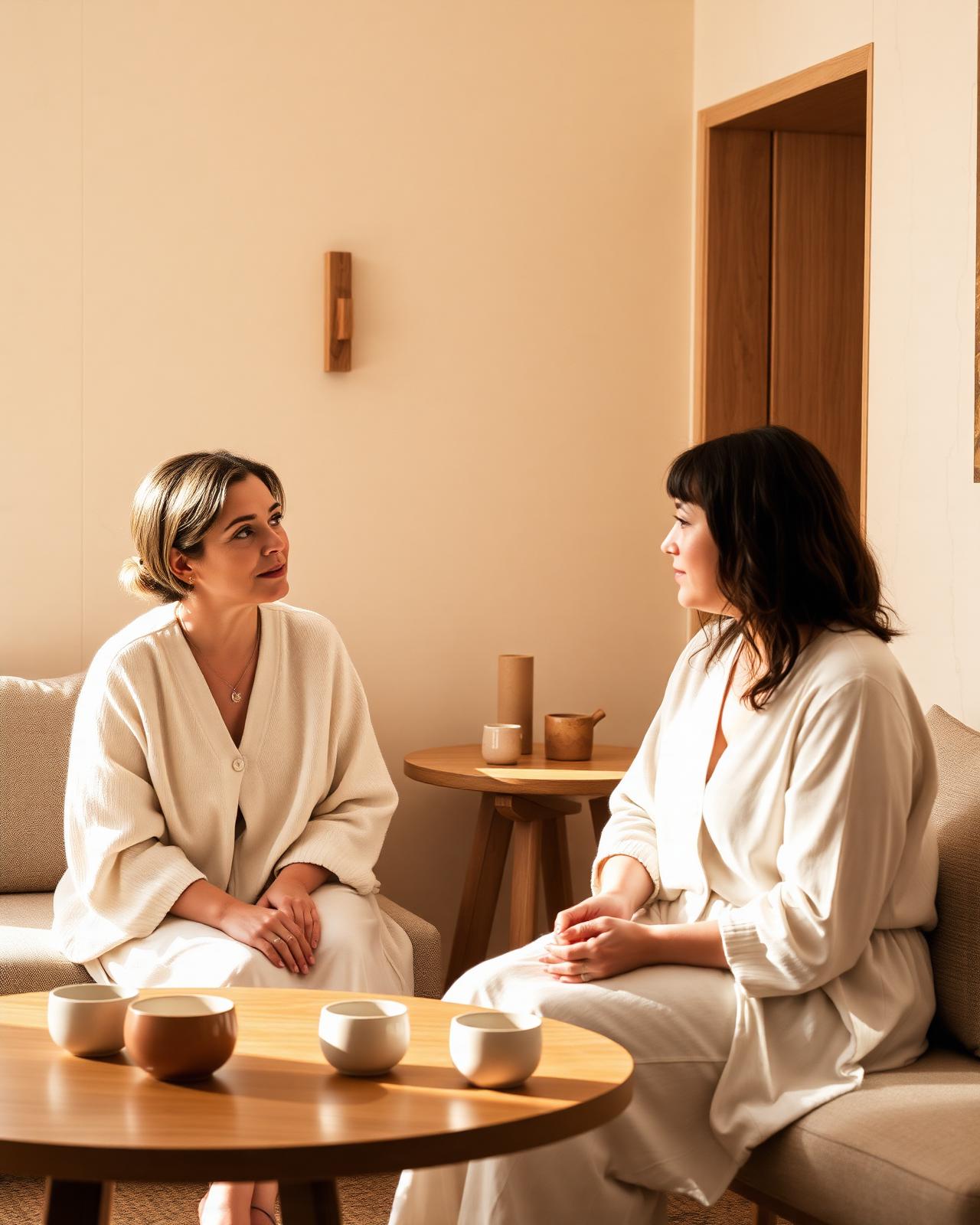 Two women in a warm minimal lounge in conversation