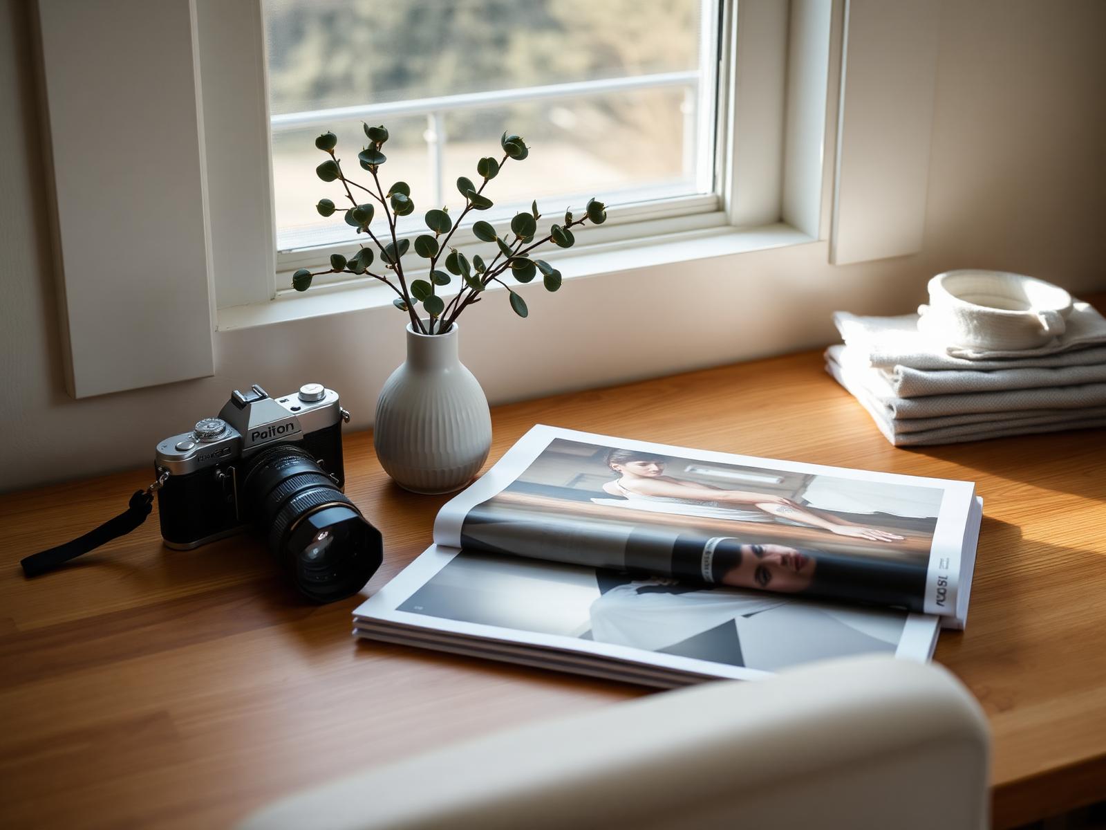 Vintage film camera, fashion magazines and lookbook on a warm oak desk